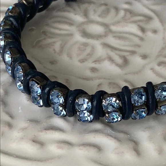 Fossil Sky Blue Crystal Rhinestone Leather Wrapped Bracelet Bohemian Sparkle - Picture 8 of 16